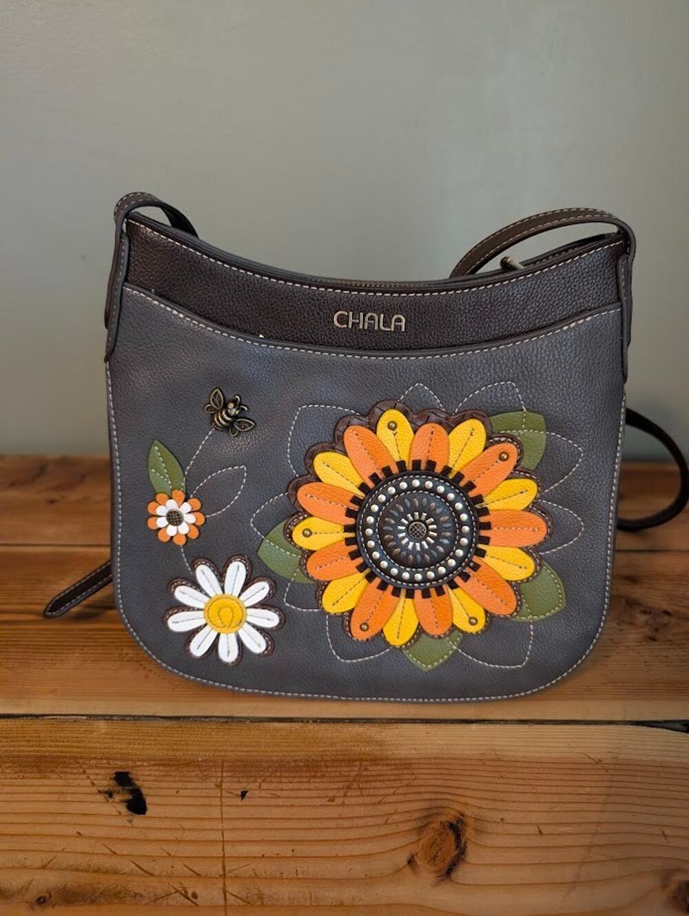 NWT CHALA INK GREY SUNFLOWER BEE CRESCENT CROSSBODY TOTE BAG PURSE FAUX LEATHER